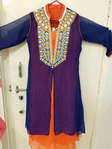 Orange And Blue Colour Kurti With Jacket