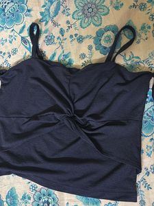 Navy Blue Bardot Crop Top with Bow | Sleeveless |