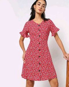 Red Flared Mini Dress - Floral Design