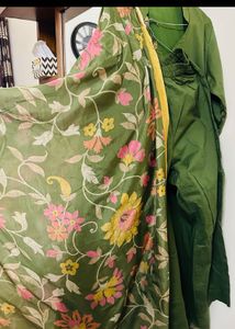 Olive Green Embroidered Kurti Set