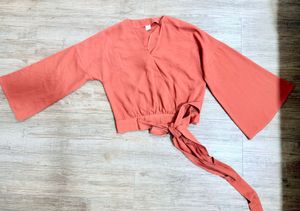 2 Tops-Coral Overlap Tie Top &amp; Blue Short Kurta