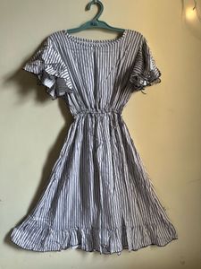 White & Black Striped Knee-Length Dress