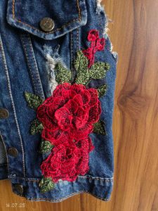 Denim Vest with Floral Embroidery