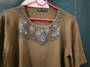 Partywear Knitted Crop Top With Beads Work