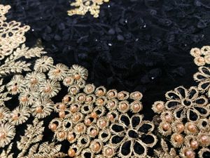 Black &amp; Gold Zari Work Embroidered Net Saree