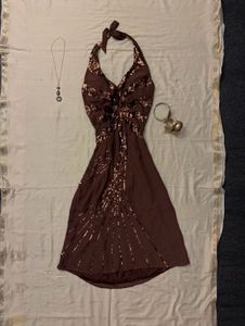 y2k Brown Sequin Halter Dress