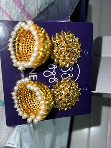 Gold Jhumka Earrings with Pearl Detail