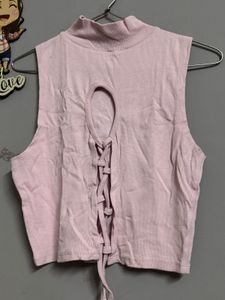 Pink Ribbed Lace-Up Crop Top