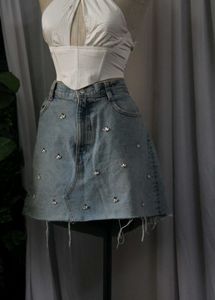 Zara Rhinestone Denim Mini Skirt
