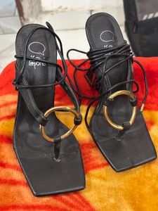 Black Heeled Sandals with Gold Detail