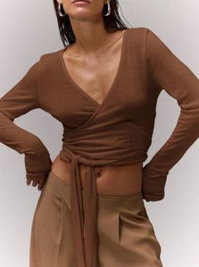 Brown V Neck Wrap Tie Crop Top