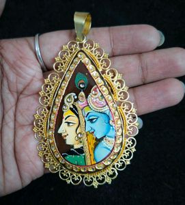 Radha Krishna Hand Painted Semi Precious Pendant
