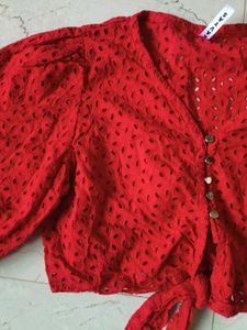 Cut Work And Puff Sleeve Top