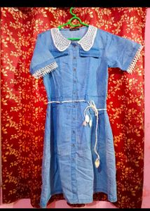 Denim Dress with Lace Collar