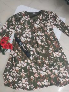 Floral Green Midi Dress With Hip Belt