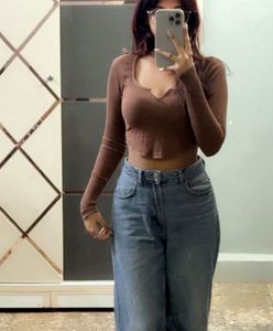 Brown Long Sleeve Crop Top