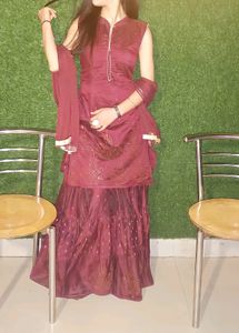 Shara One Piece Type,Wine Colour Dress With Dupata