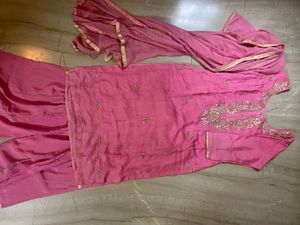 Pink Bead Studded Kurta Set With Plazo And Dupatta