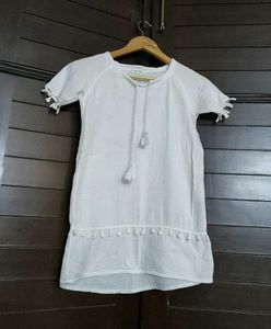 Girl White Cotton Neck Dori Tassel Dress