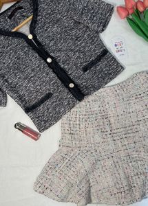 Tweed Cropped Short Sleeve Jacket With Skirt Coord