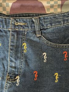 Denim Shorts with Seahorse Embroidery