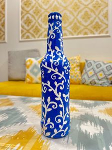 Handpainted Blue Floral Glass Bottle Vase