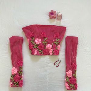 3D Rose Satin Corset Tube Top with Net Gloves