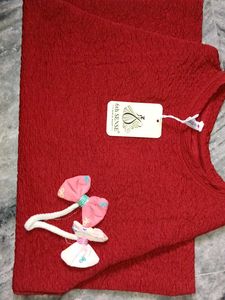 Red Textured Tee with Bow Detail