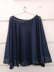 Sequin Trimmed Blue Poncho Party Wear
