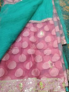 Teal &amp; Pink Sari with Embellishments