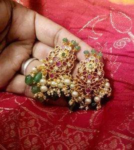 Combo Of 2 Pairs Ear Rings Gold Finish Green Beeds