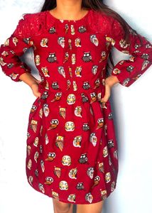 Red Owl Print Dress