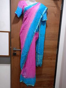 🌷🫰🏻elegant Pink & Blue Saree with blouse🫰🏻🌷