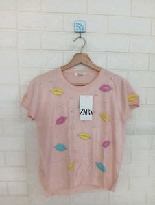 Hot Pink Lips Embellished Top
