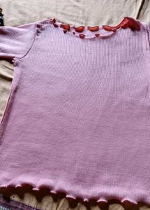 Pink Ruffle Trim Ribbed Knit Top