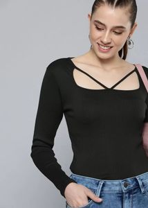 Black Crisscross Ribbed Long Sleeve Top.SIZE-28-36