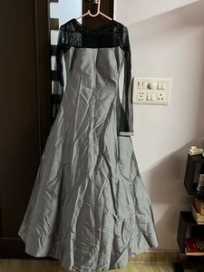Elegant Gray Gown with Sheer Sleeves