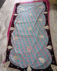 Heavy Women Cyan And Pink StoneWork Saree
