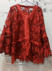 Red Floral Lace Bell Sleeve Top