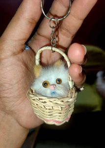 &#34;Fluffy Cat Keyring in Woven Basket&#34;