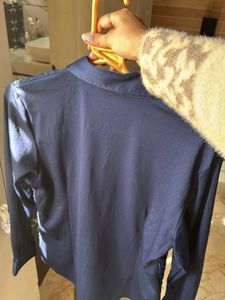 Lace Front Midnight Blue Button Down Blouse