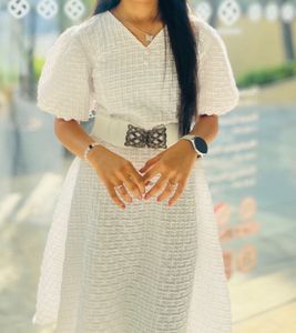 White Textured Puff Sleeve Dress