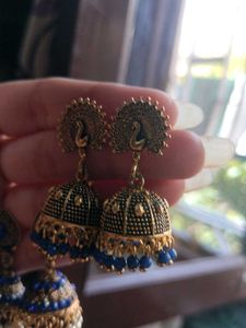 Blue &amp; Gold Jhumka Earrings