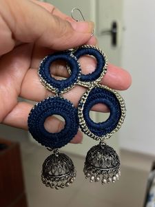 Handmade Navy Crochet Jhumka Earrings