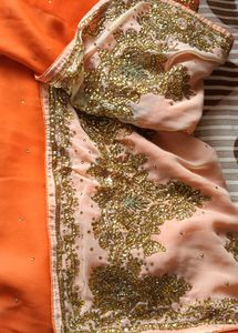 Cream And Orange Designer Chiffon Saree