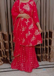 Hot pink Embroidered Kurta sharara set