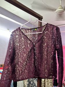 Maroon Lace Button Up Crop Top