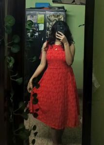 Flower Printed Light Red Midi Dress