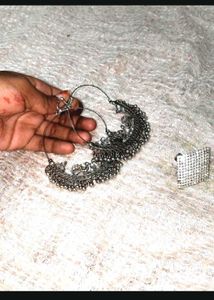 &#34;Oxidised Silver Hoop Earrings With Ring&#34;