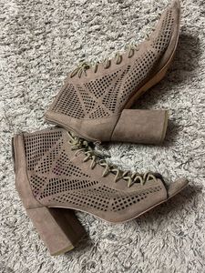 Lace Up Beige Block Heels